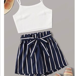 SOLID WHITE CAMI TOP W/ STRIPED BELTED SHORTS SET.